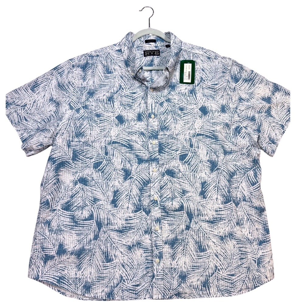 Hawker Rye Seersucker Shirt Mens 3XL Blue New Auburndale Tropical Palm Leaf SS
